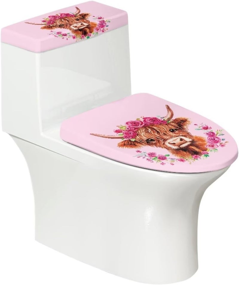 Kathyboom Highland Cow Rose Toilet Lid Cover with Elastic Edge Water Resistant Toilet Seat Covers Reusable Toilet Tank Lid Cover Pink Decorations for Home - Image 1